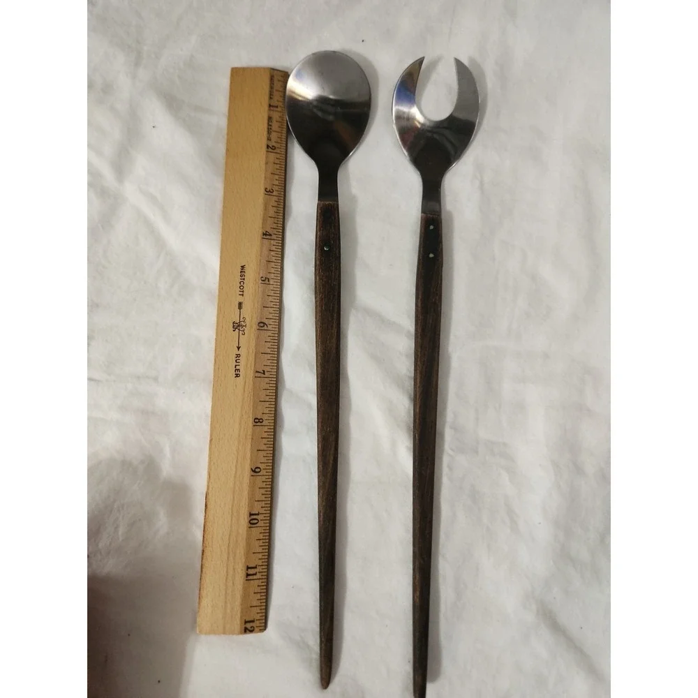 Vintage MCM Stainless Steel With Wood Handles Salad Server Set